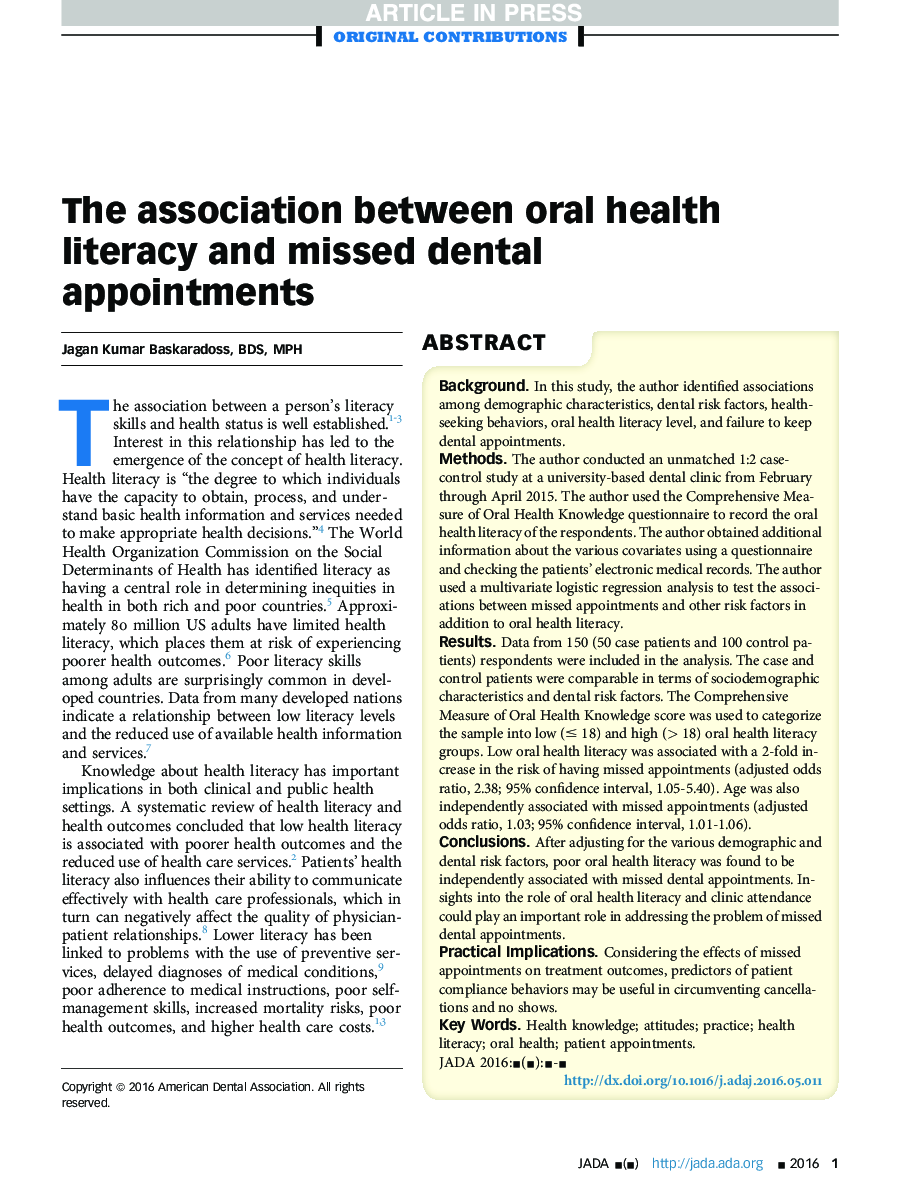 The association between oral health literacy and missed dental appointments