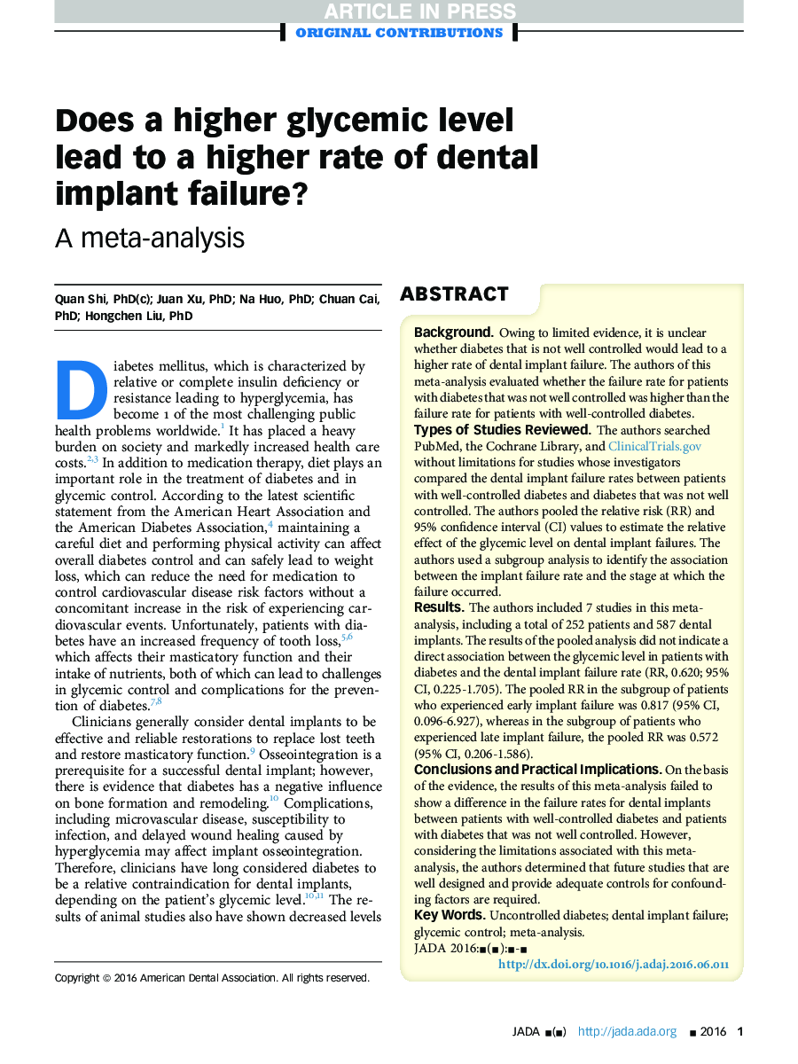 Does a higher glycemic level lead to a higher rate of dental implant failure?