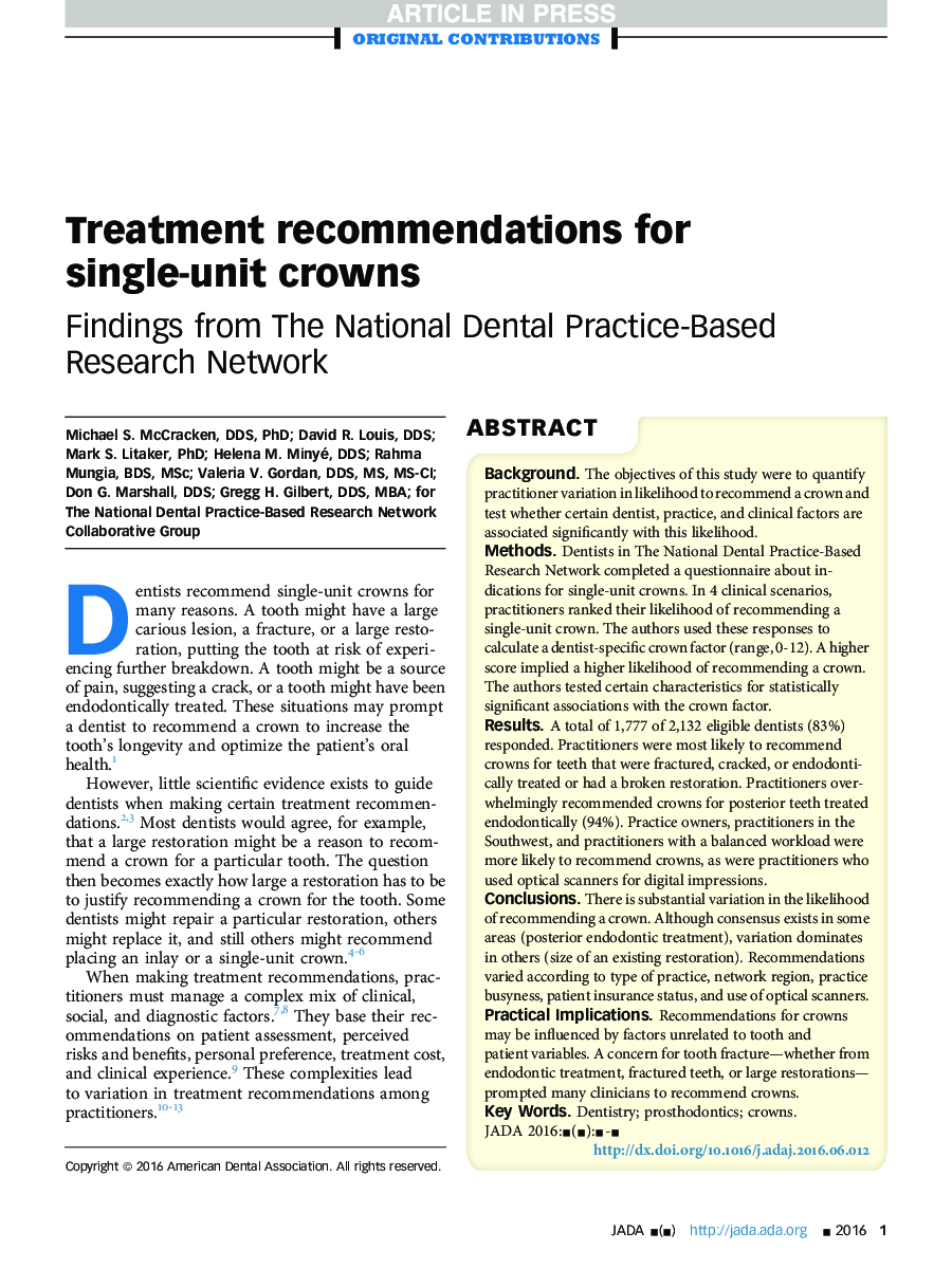 Treatment recommendations for single-unit crowns