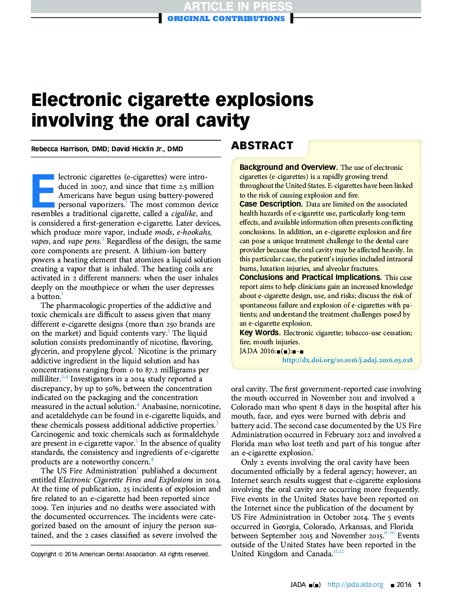 Electronic cigarette explosions involving the oral cavity