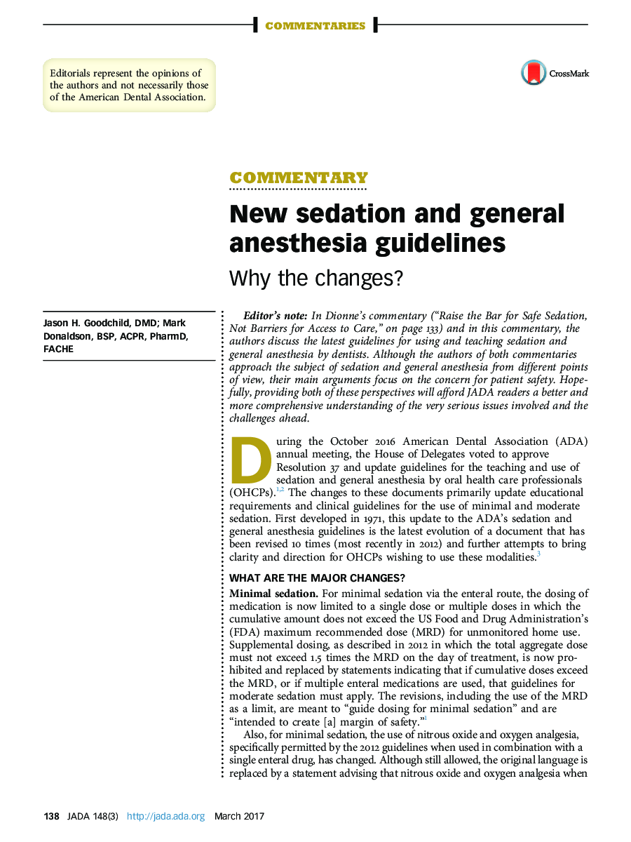 New sedation and general anesthesia guidelines