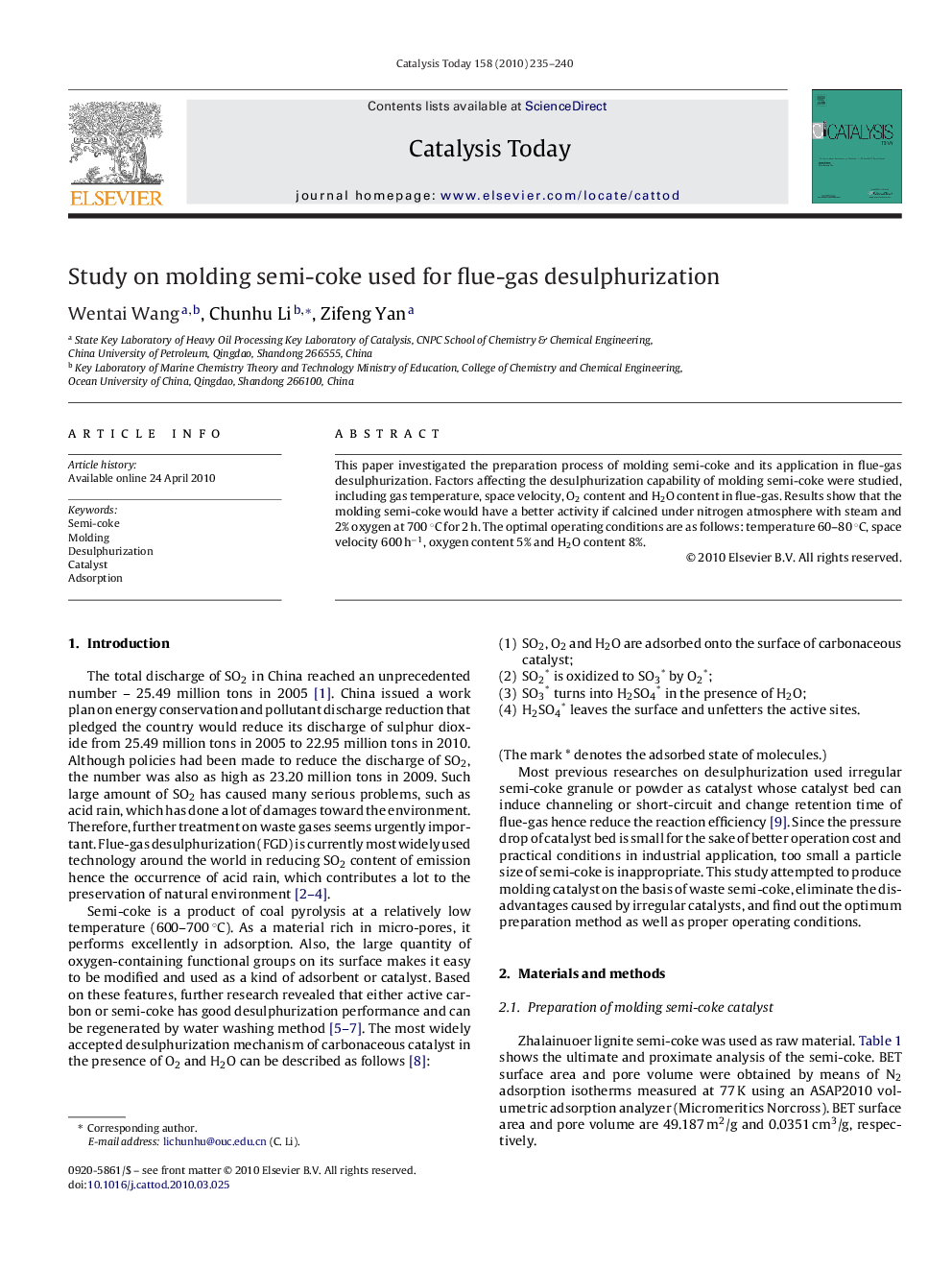 Study on molding semi-coke used for flue-gas desulphurization