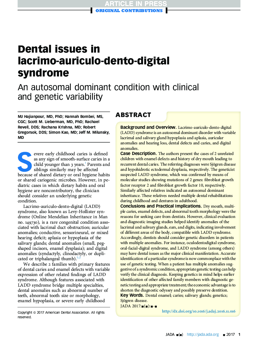 Dental issues in lacrimo-auriculo-dento-digital syndrome