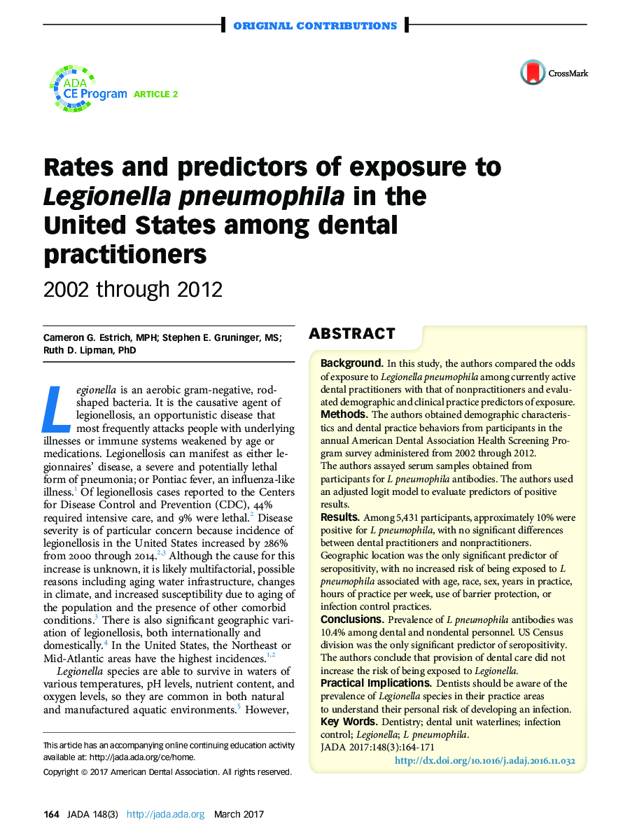 Rates and predictors of exposure to Legionella pneumophila in the United States among dental practitioners