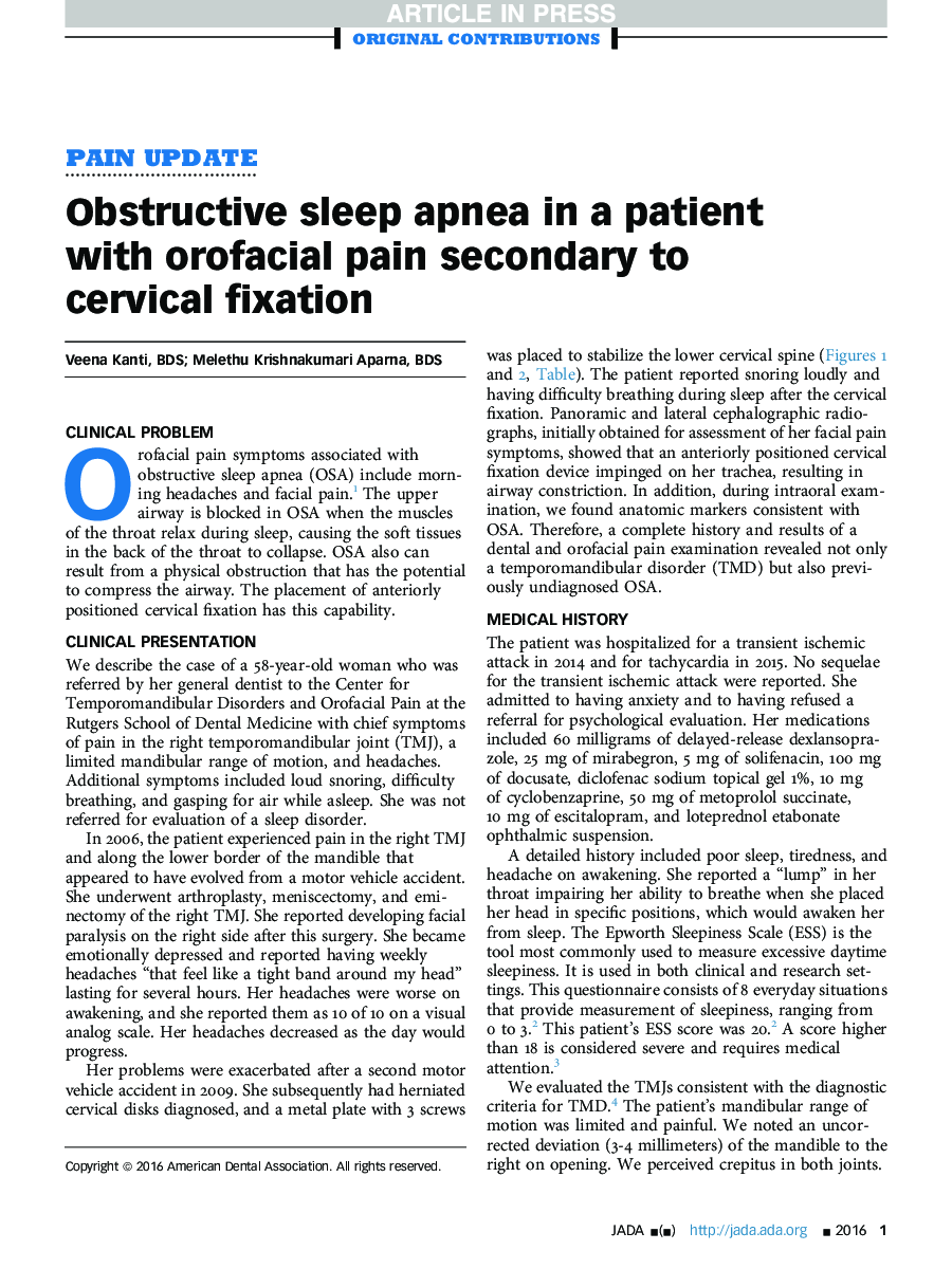 Obstructive sleep apnea in a patient with orofacial pain secondary to cervical fixation