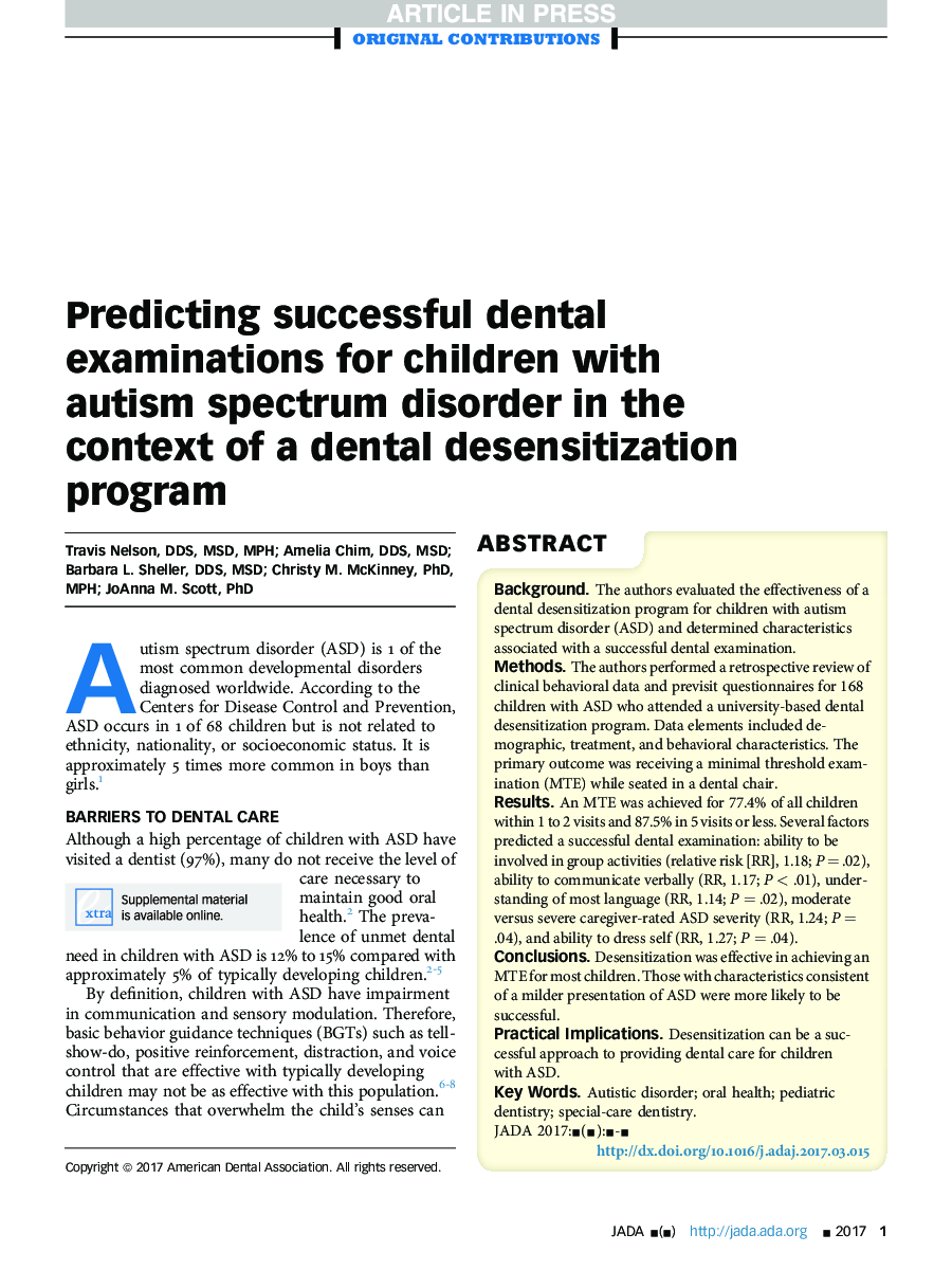 Predicting successful dental examinations for children with autism spectrum disorder in the context of a dental desensitization program