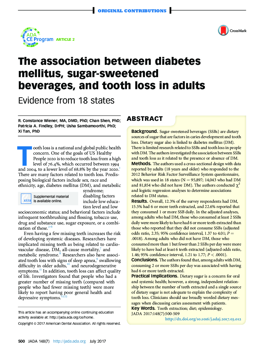 The association between diabetes mellitus, sugar-sweetened beverages, and tooth loss in adults