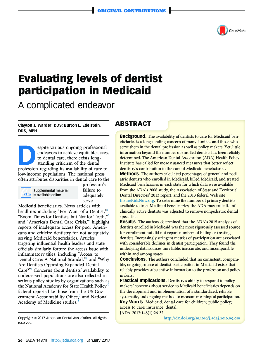 Evaluating levels of dentist participation in Medicaid