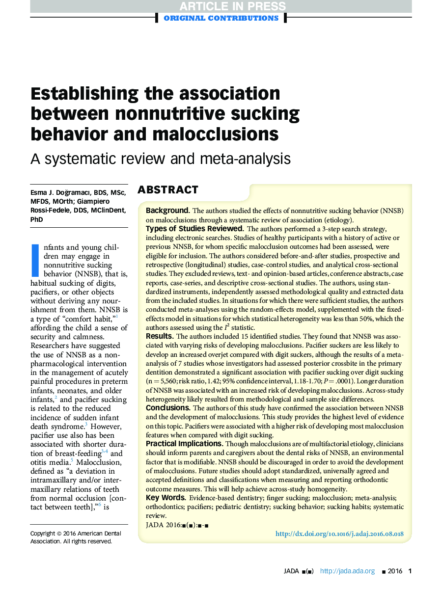 Establishing the association between nonnutritive sucking behavior and malocclusions