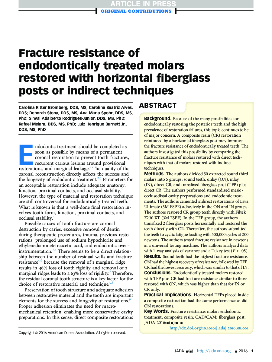 Fracture resistance of endodontically treated molars restored with horizontal fiberglass posts or indirect techniques