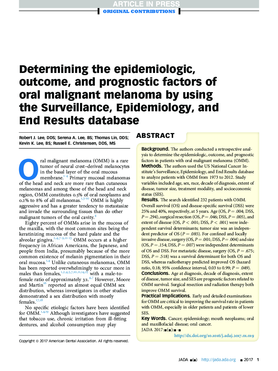 Determining the epidemiologic, outcome, and prognostic factors of oral malignant melanoma by using the Surveillance, Epidemiology, and End Results database