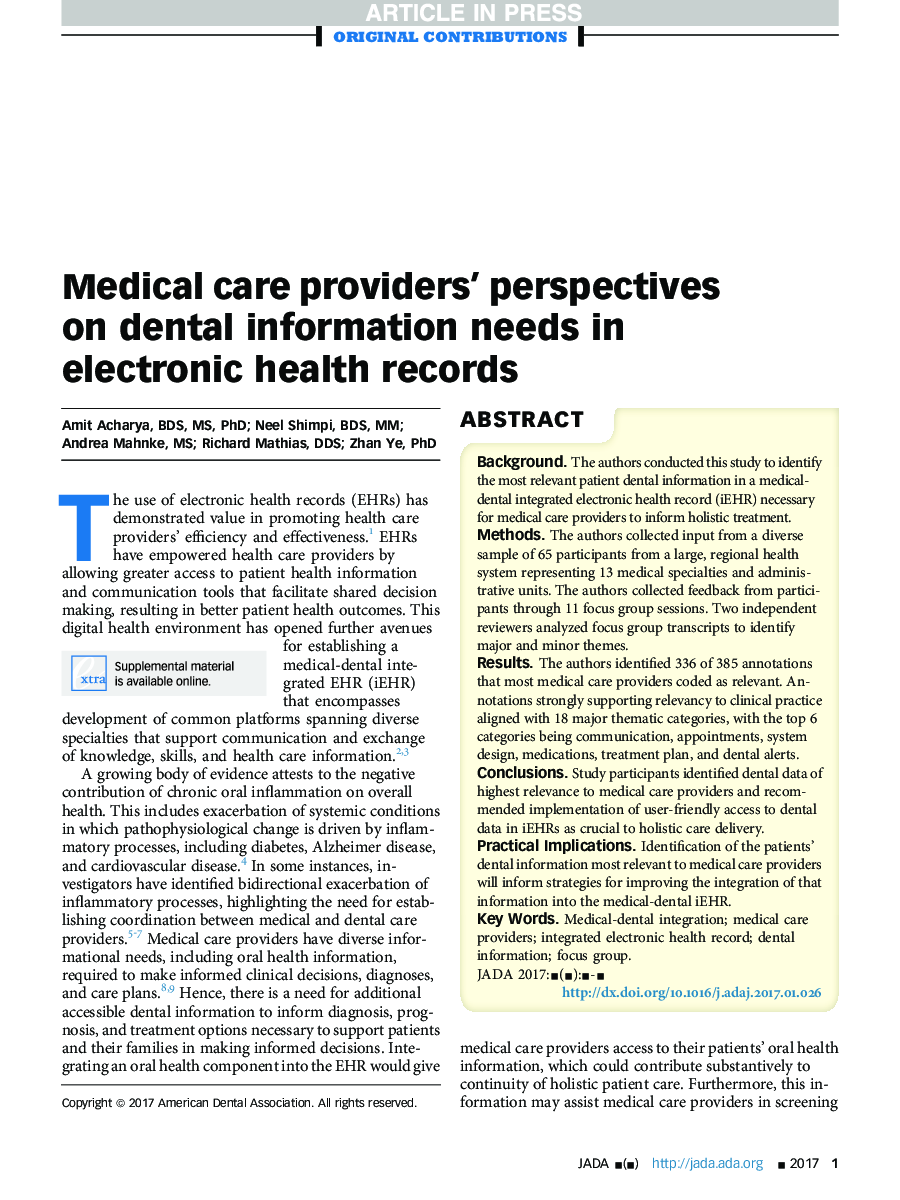 Medical care providers' perspectives on dental information needs in electronic health records