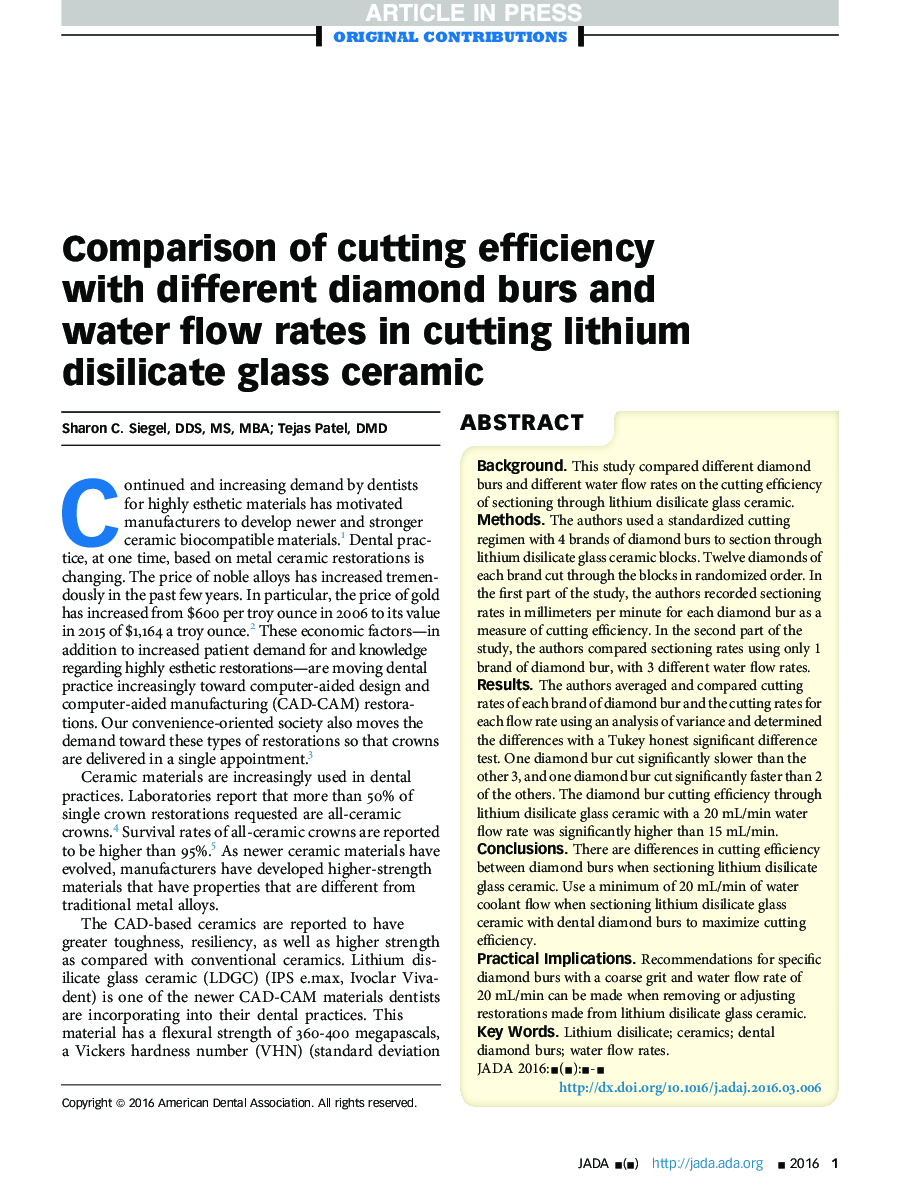 Comparison of cutting efficiency with different diamond burs and water flow rates in cutting lithium disilicate glass ceramic