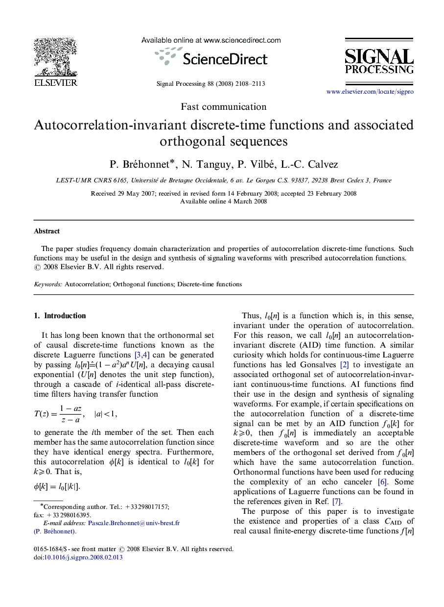 Autocorrelation-invariant discrete-time functions and associated orthogonal sequences