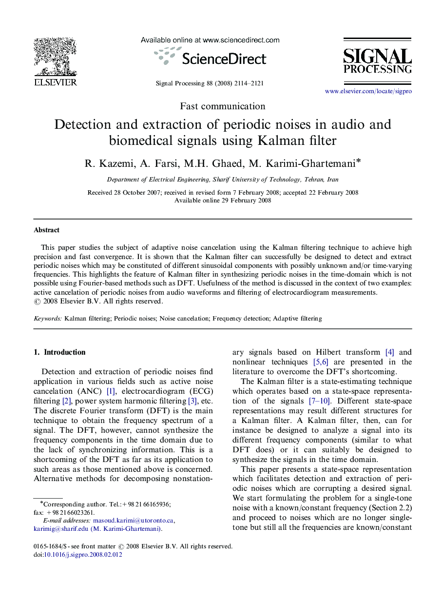 Detection and extraction of periodic noises in audio and biomedical signals using Kalman filter