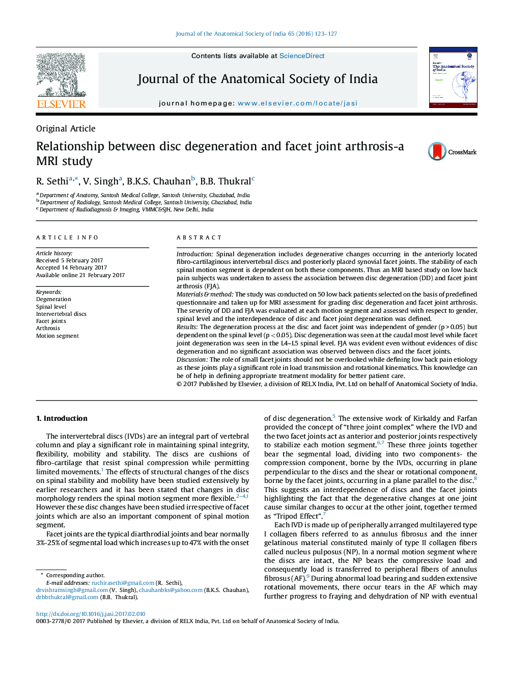 Relationship between disc degeneration and facet joint arthrosis-a MRI study