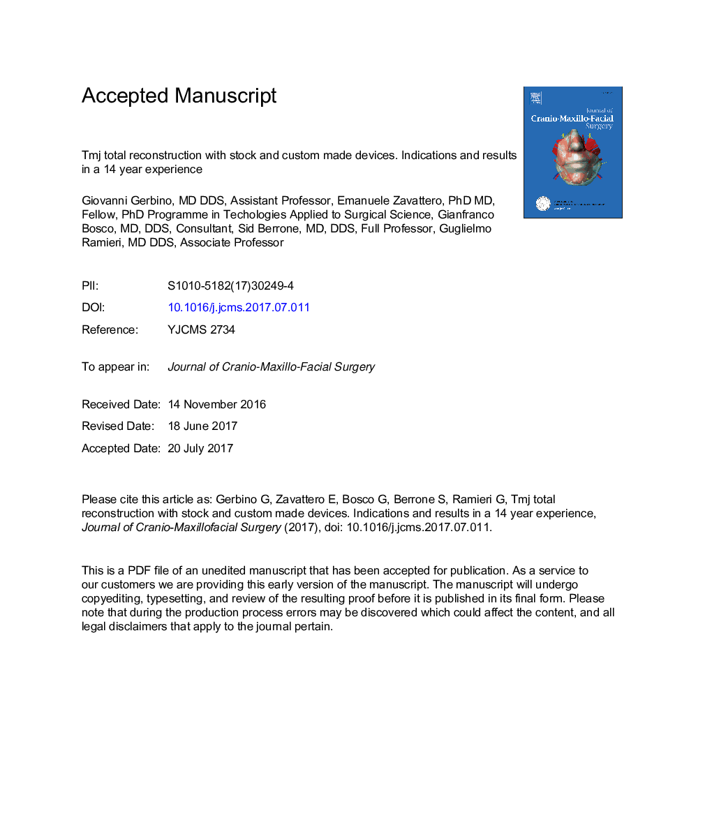 Temporomandibular joint reconstruction with stock and custom-made devices: Indications and results of a 14-year experience