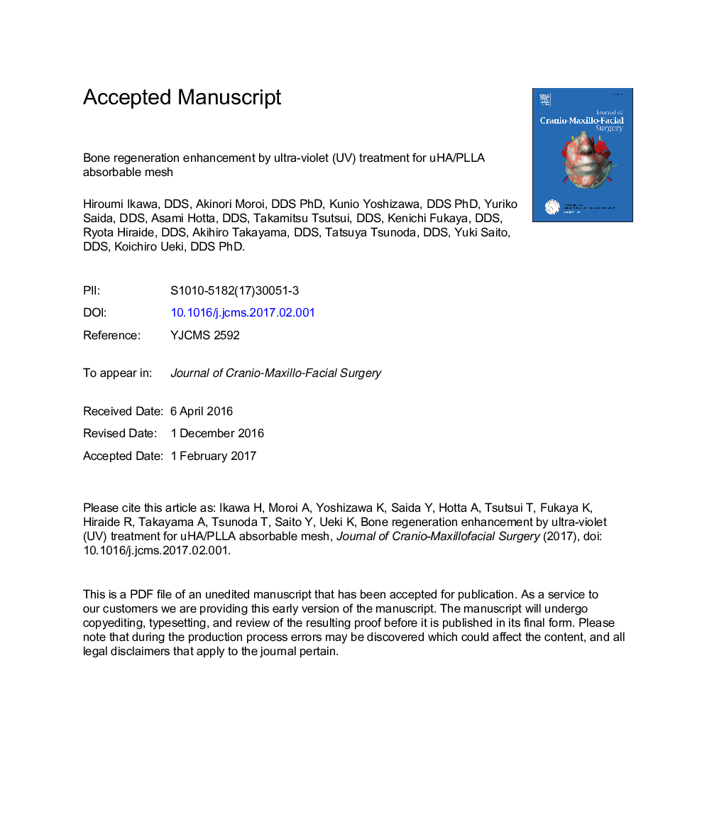 Bone regeneration enhancement by ultra-violet (UV) treatment for uHA/PLLA absorbable mesh