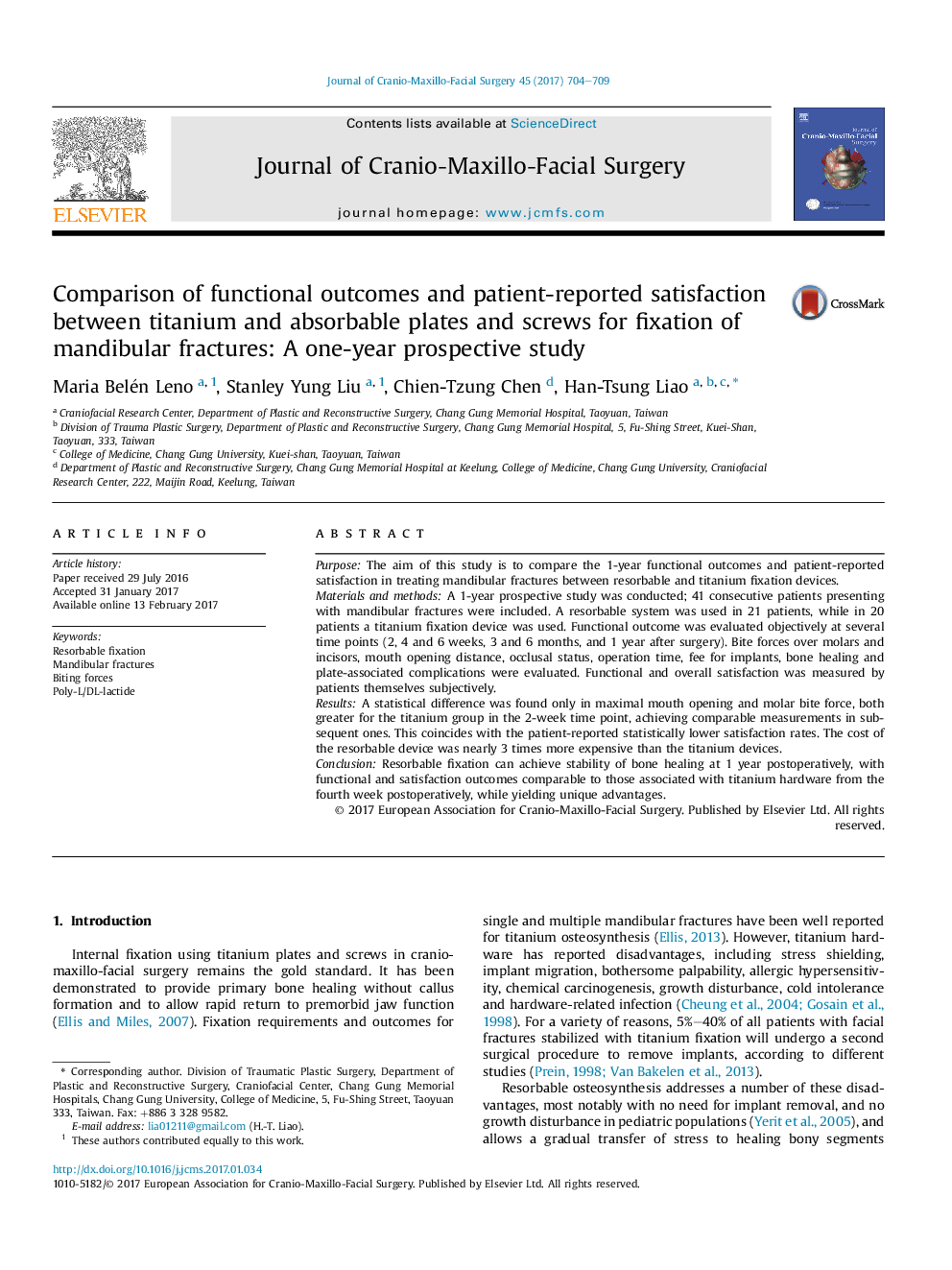 Comparison of functional outcomes and patient-reported satisfaction between titanium and absorbable plates and screws for fixation of mandibular fractures: A one-year prospective study