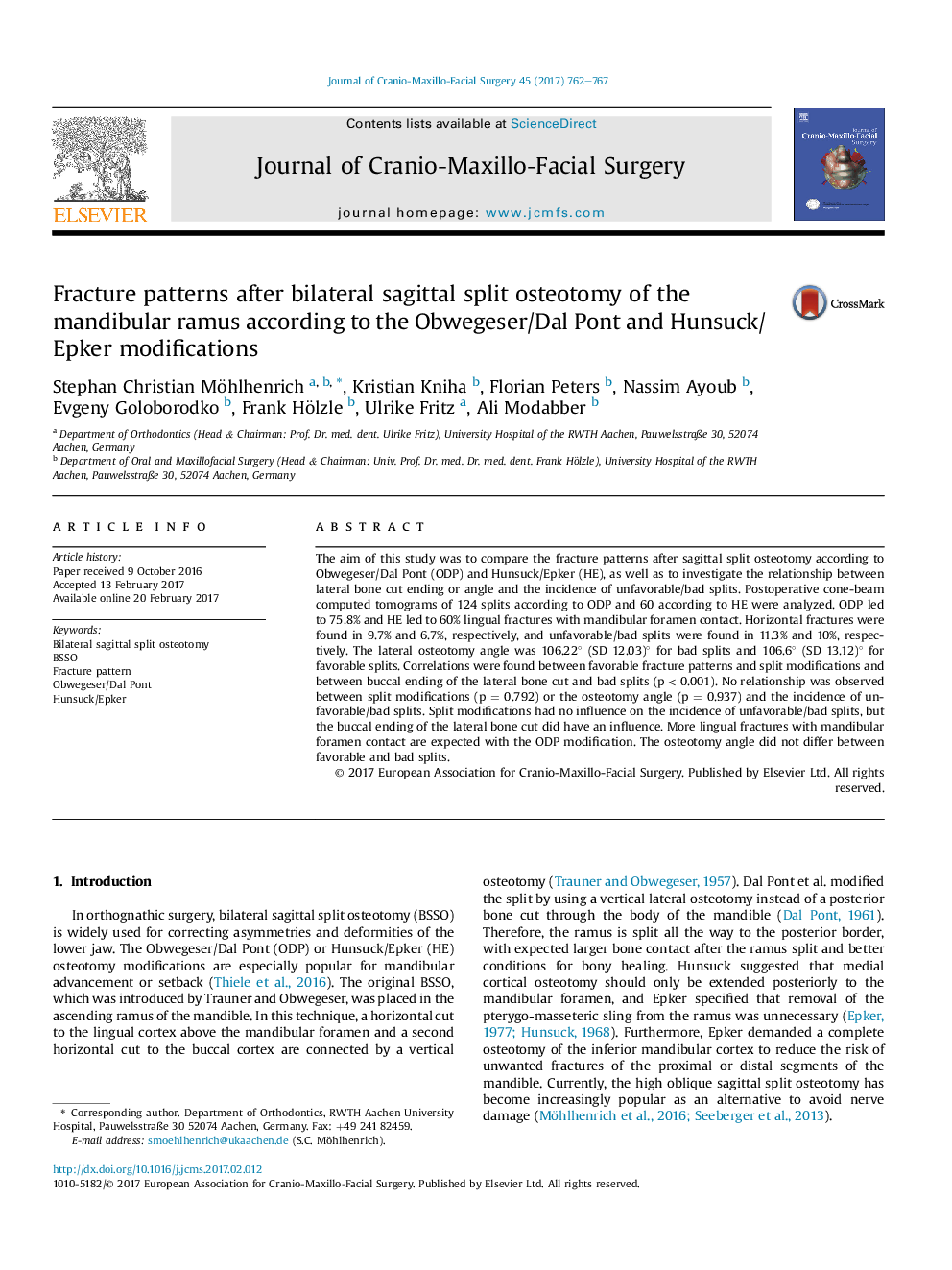 Fracture patterns after bilateral sagittal split osteotomy of the mandibular ramus according to the Obwegeser/Dal Pont and Hunsuck/Epker modifications