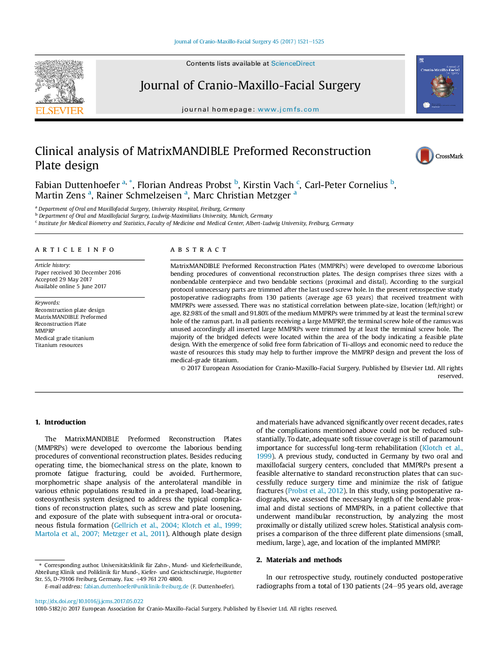 Clinical analysis of MatrixMANDIBLE Preformed Reconstruction Plate design