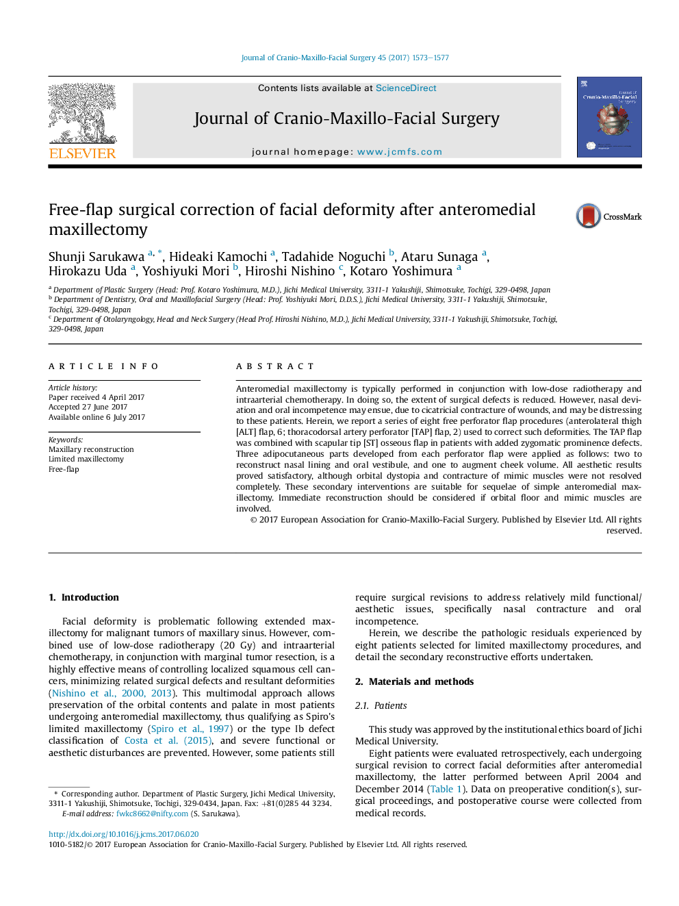 Free-flap surgical correction of facial deformity after anteromedial maxillectomy