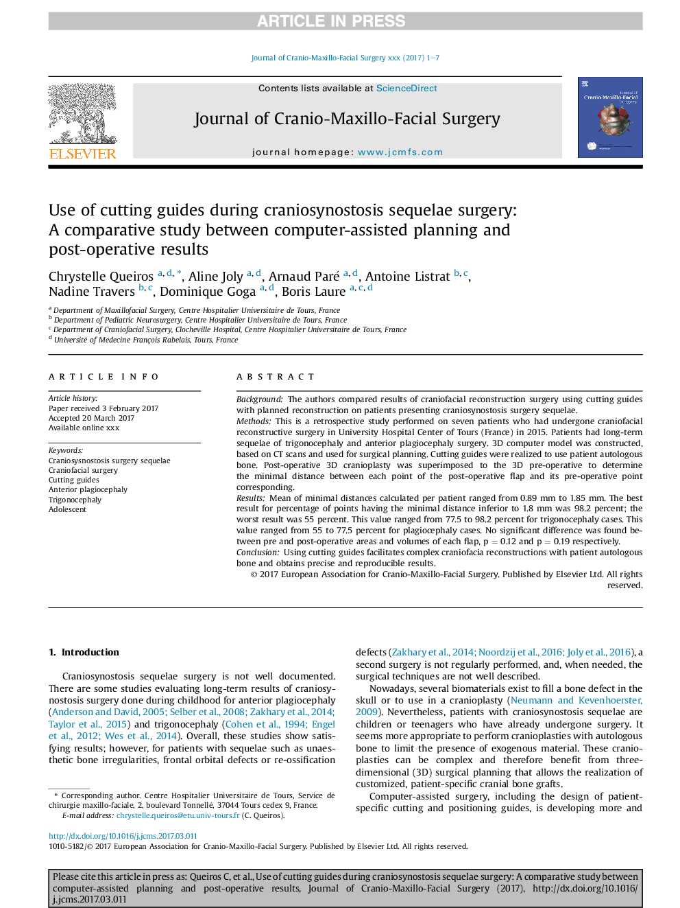 Use of cutting guides during craniosynostosis sequelae surgery: A comparative study between computer-assisted planning and post-operative results