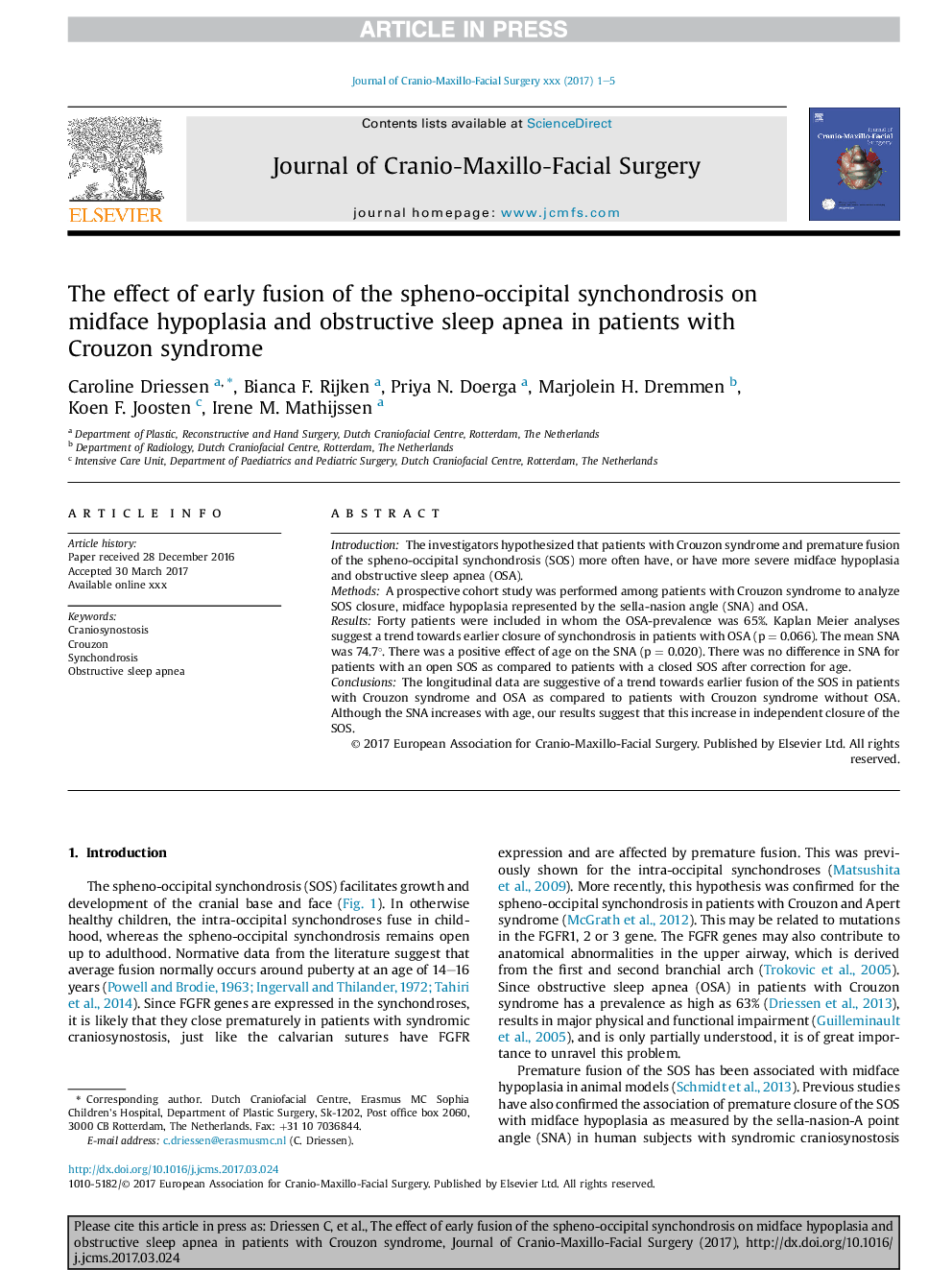 The effect of early fusion of the spheno-occipital synchondrosis on midface hypoplasia and obstructive sleep apnea in patients with Crouzon syndrome