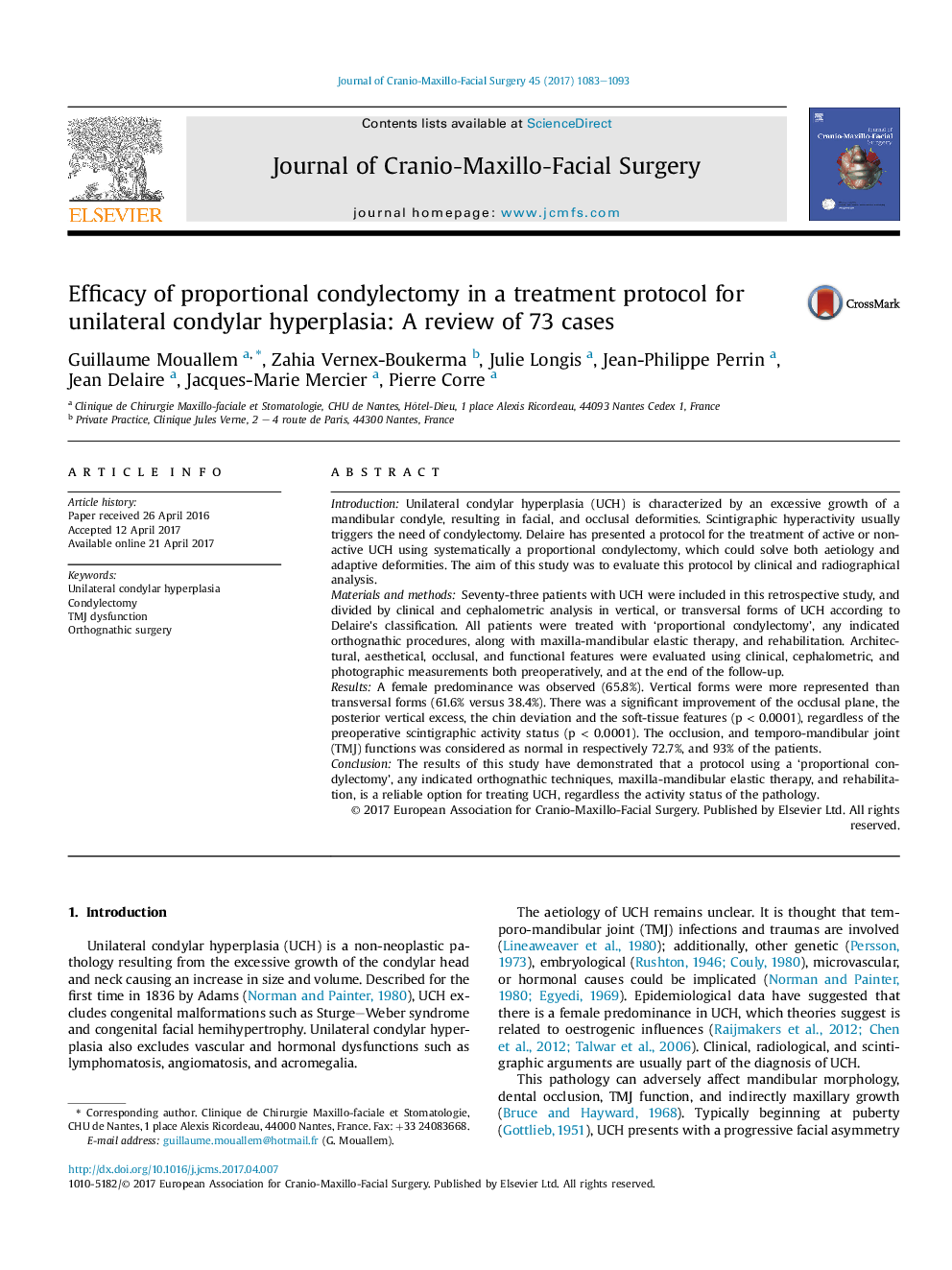 Efficacy of proportional condylectomy in a treatment protocol for unilateral condylar hyperplasia: A review of 73 cases