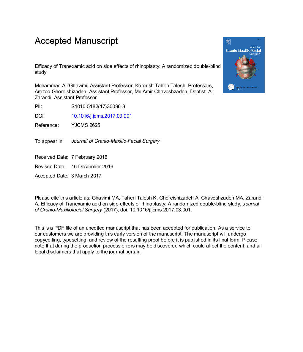 Efficacy of tranexamic acid on side effects of rhinoplasty: AÂ randomized double-blind study