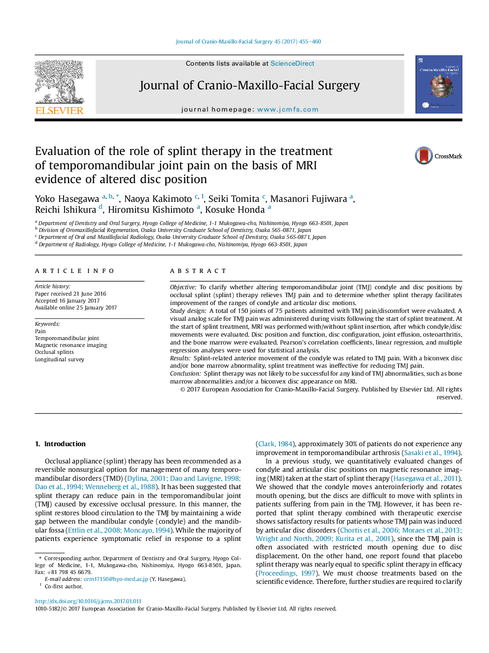 Evaluation of the role of splint therapy in the treatment ofÂ temporomandibular joint pain on the basis of MRI evidenceÂ ofÂ altered disc position