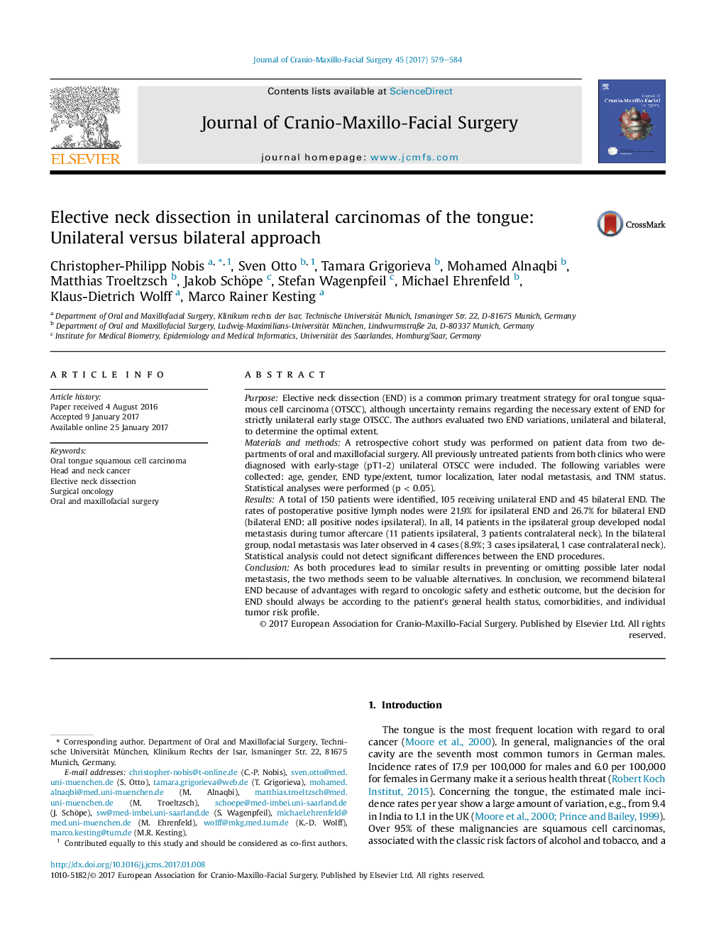 Elective neck dissection in unilateral carcinomas of the tongue: Unilateral versus bilateral approach