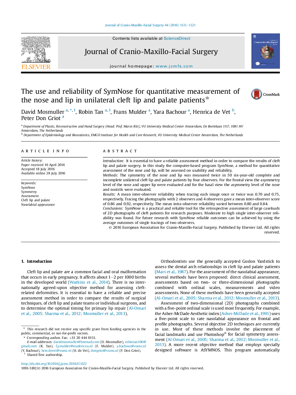 The use and reliability of SymNose for quantitative measurement of the nose and lip in unilateral cleft lip and palate patients
