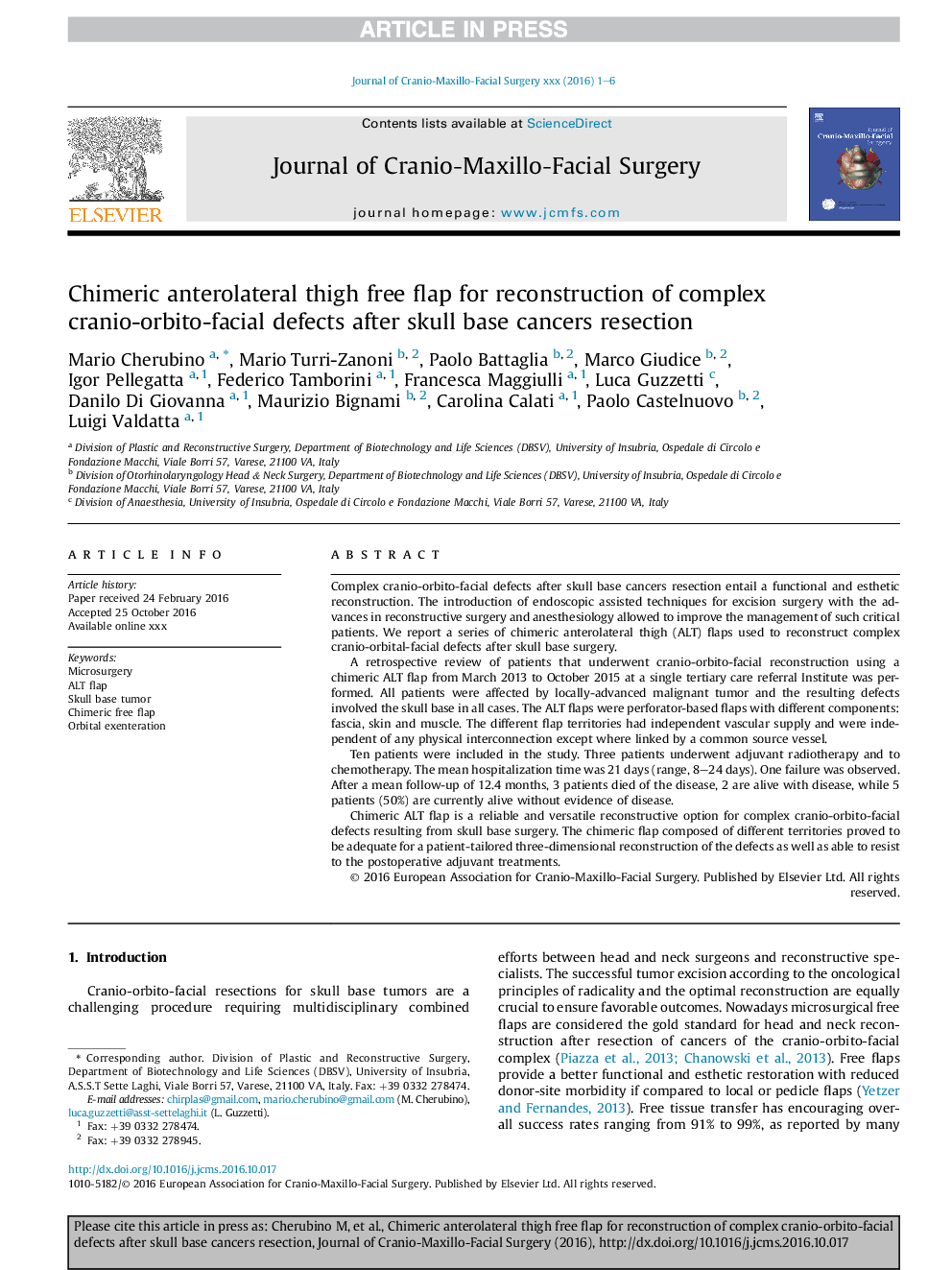 Chimeric anterolateral thigh free flap for reconstruction of complex cranio-orbito-facial defects after skull base cancers resection