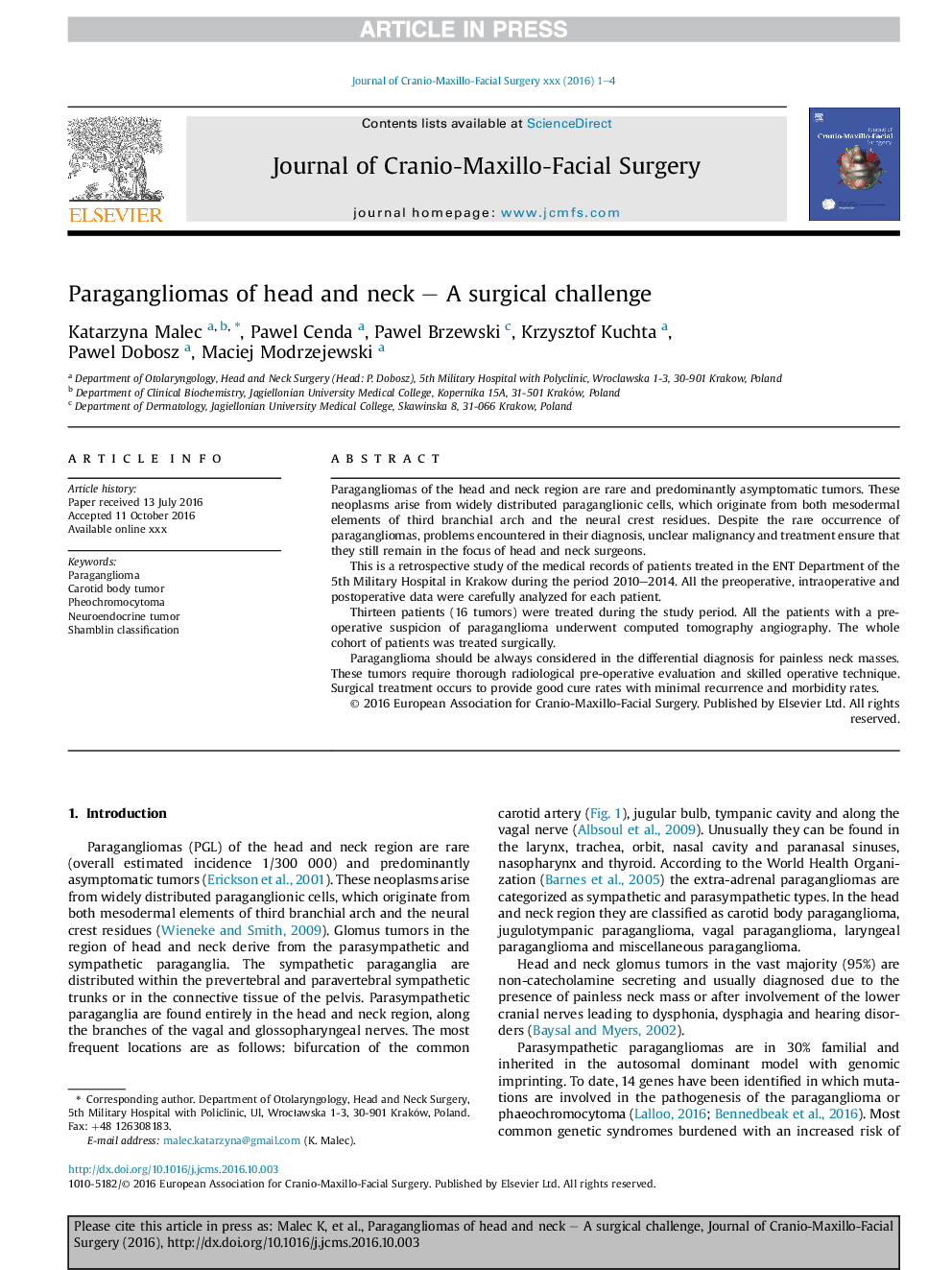 Paragangliomas of head and neck - A surgical challenge