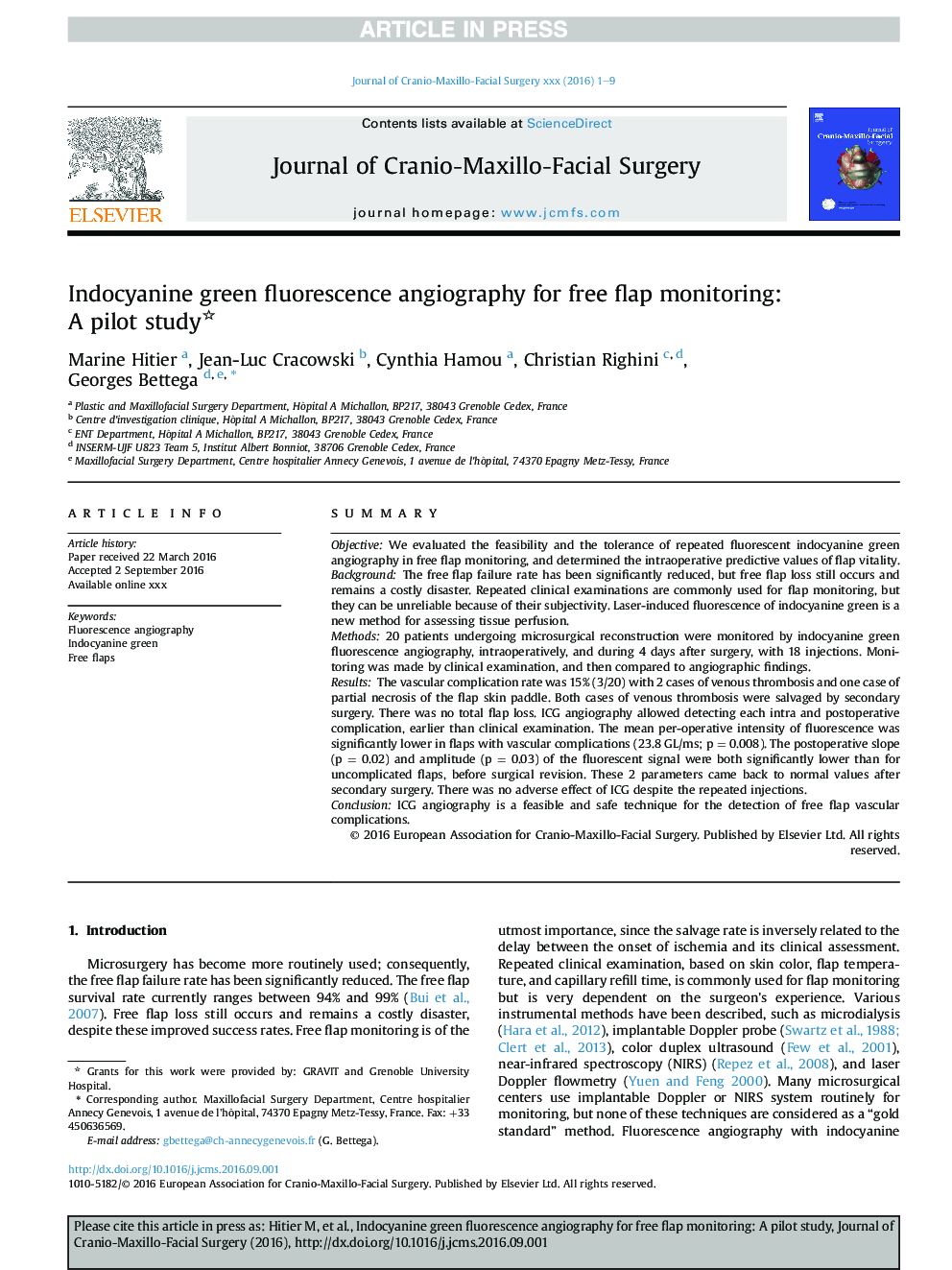 عکس صفحه اول مقاله: Indocyanine green fluorescence angiography for free flap monitoring: A pilot study Indocyanine green fluorescence angiography for free flap monitoring: A pilot study
