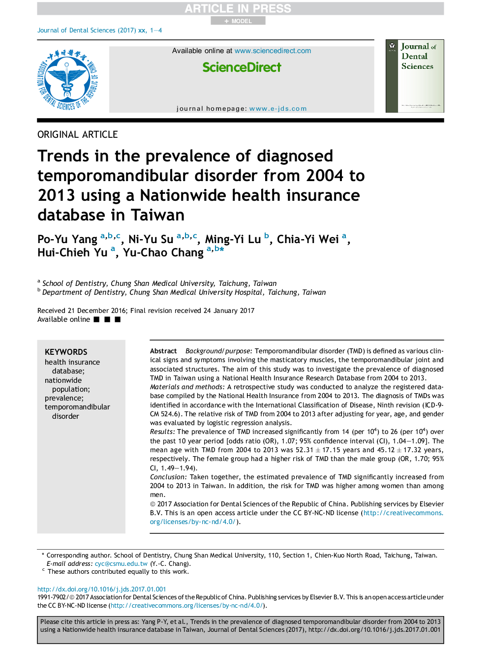 Trends in the prevalence of diagnosed temporomandibular disorder from 2004 to 2013 using a Nationwide health insurance database in Taiwan