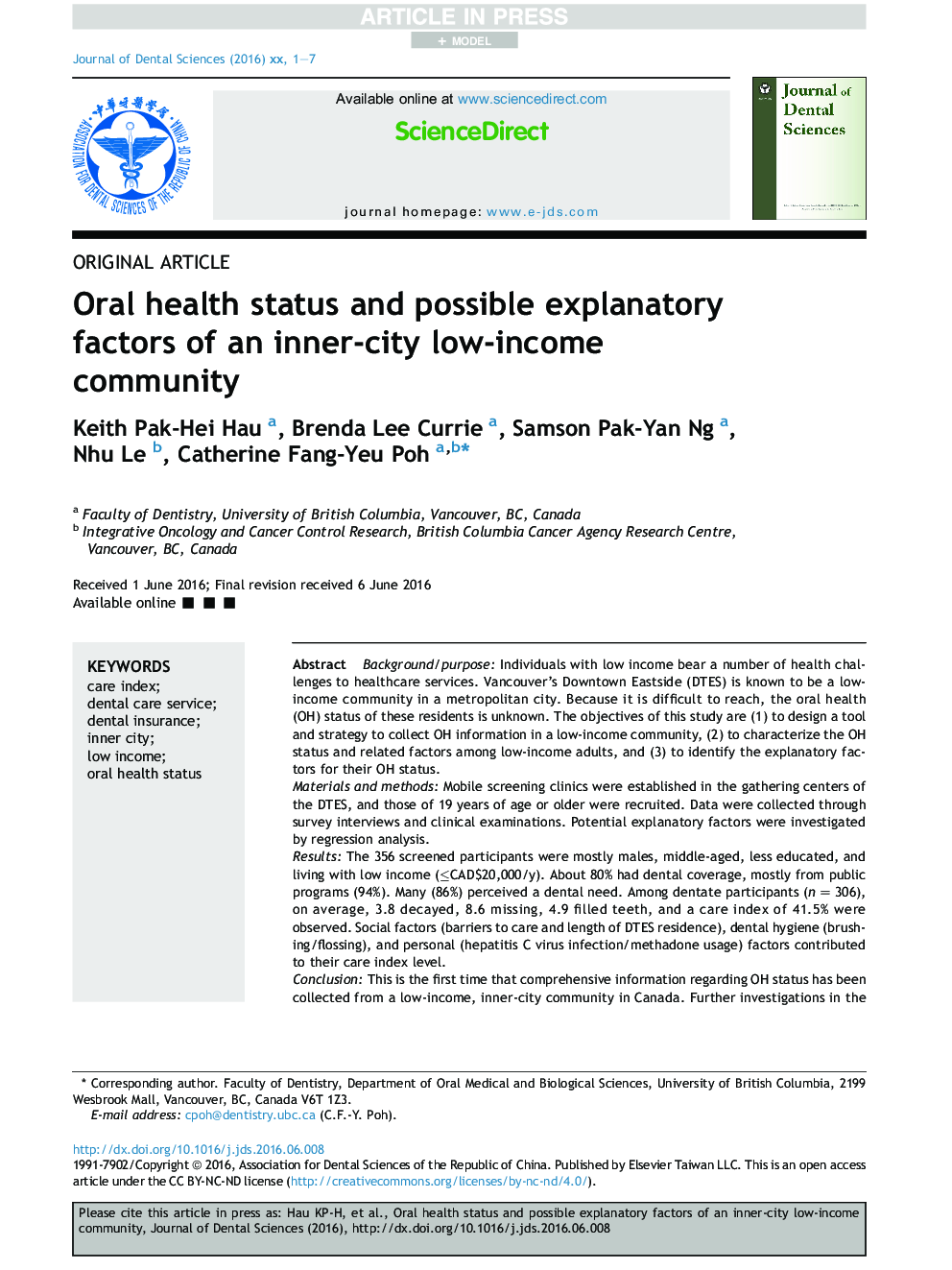 Oral health status and possible explanatory factors of an inner-city low-income community