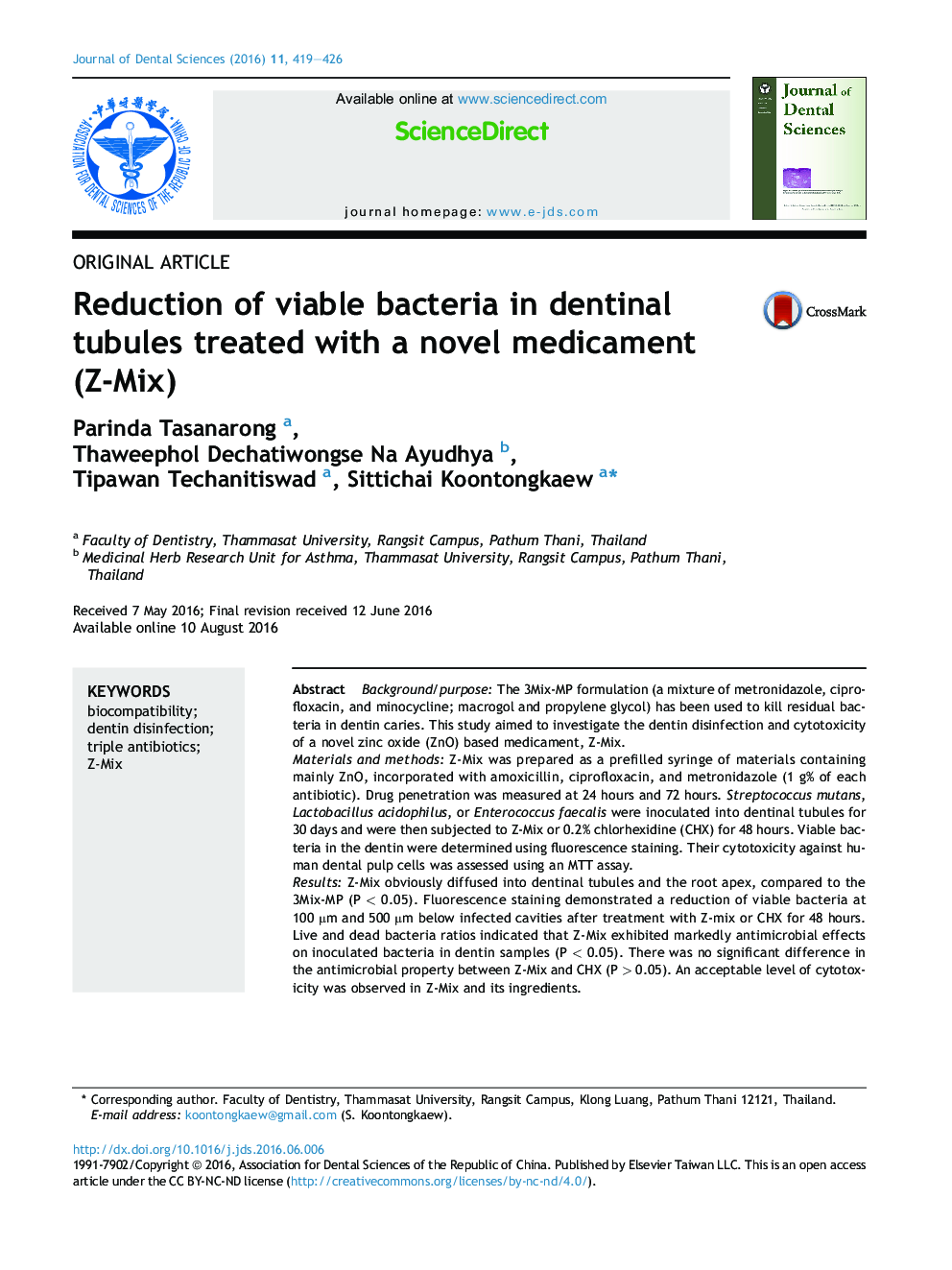Reduction of viable bacteria in dentinal tubules treated with a novel medicament (Z-Mix)