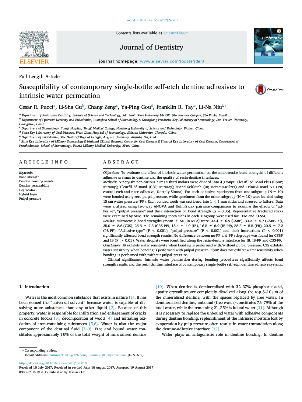 Susceptibility of contemporary single-bottle self-etch dentine adhesives to intrinsic water permeation