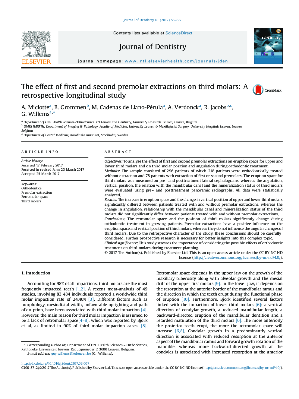 The effect of first and second premolar extractions on third molars: A retrospective longitudinal study