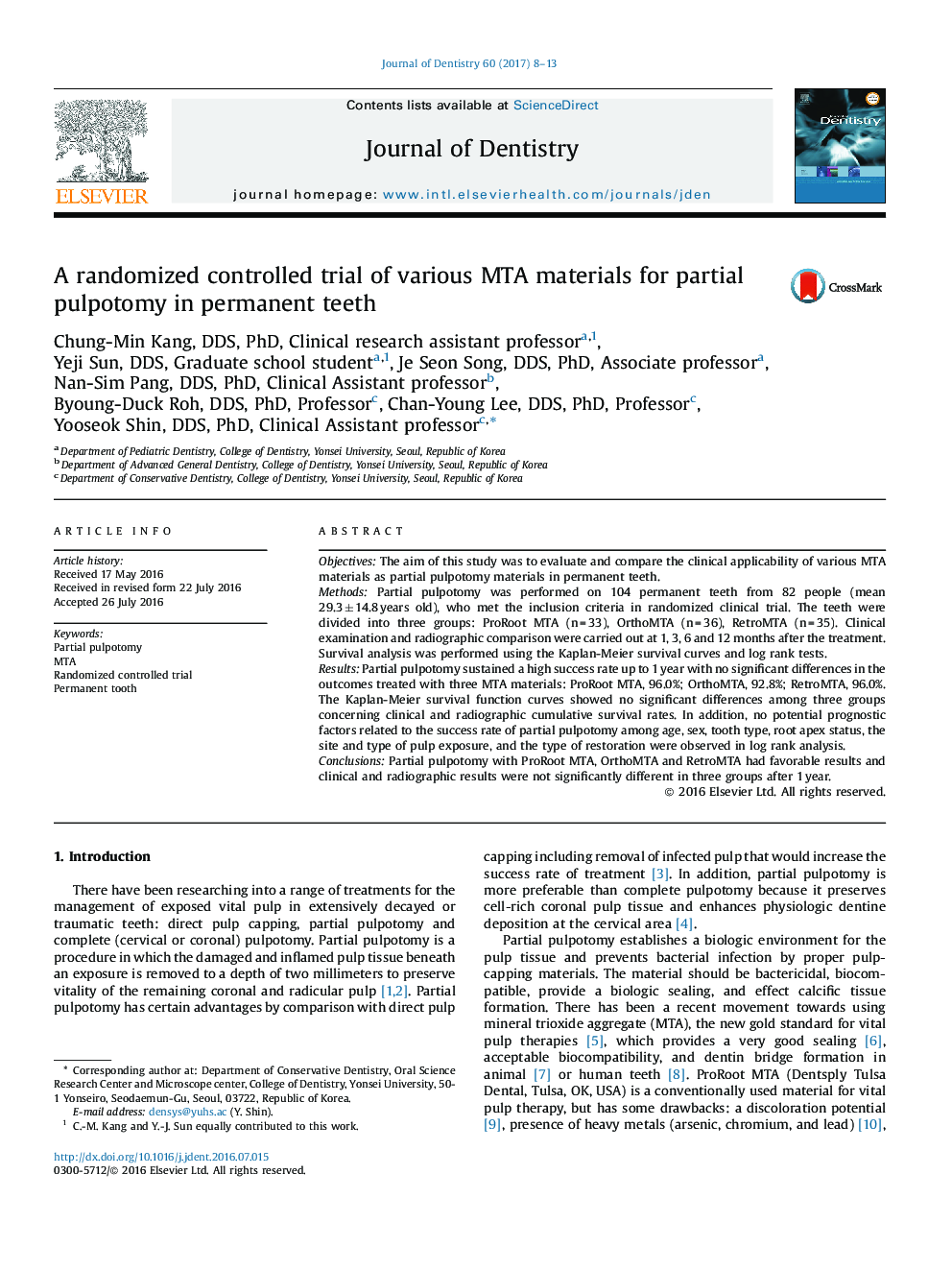 A randomized controlled trial of various MTA materials for partial pulpotomy in permanent teeth