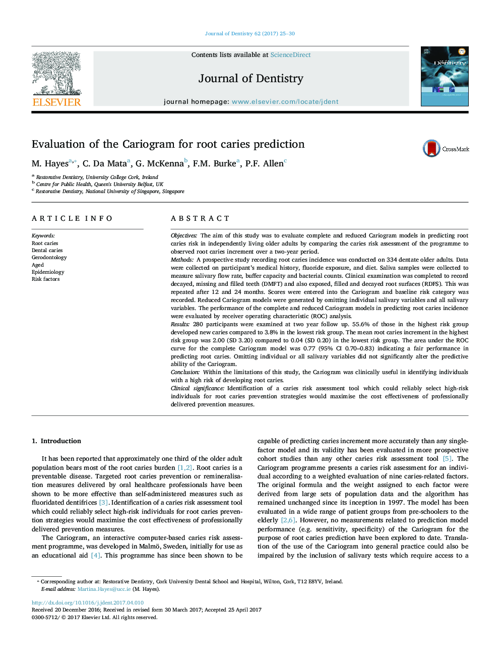 Evaluation of the Cariogram for root caries prediction