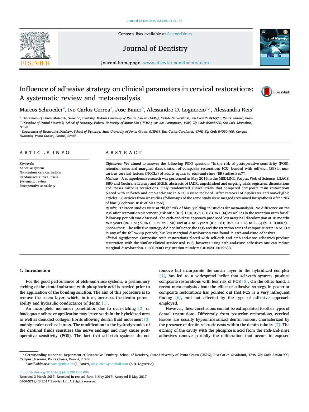 Influence of adhesive strategy on clinical parameters in cervical restorations: A systematic review and meta-analysis