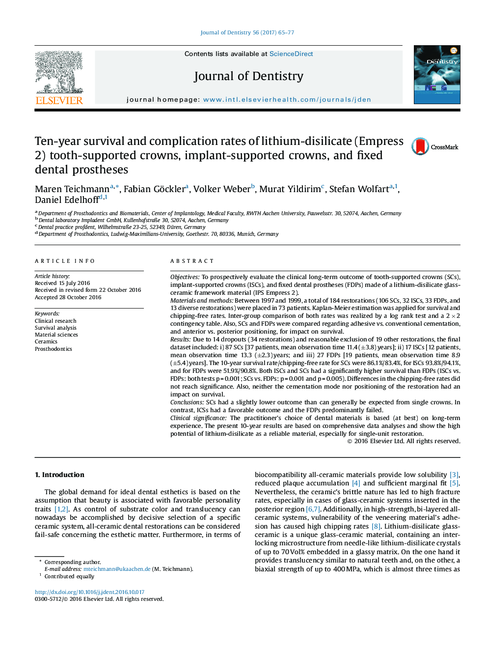 Ten-year survival and complication rates of lithium-disilicate (Empress 2) tooth-supported crowns, implant-supported crowns, and fixed dental prostheses