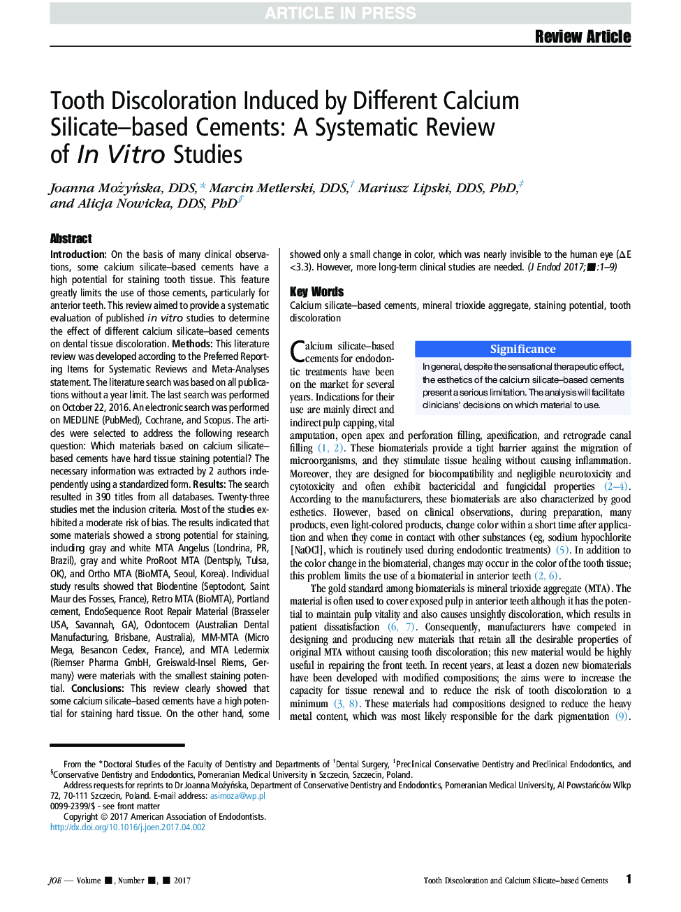 Tooth Discoloration Induced by Different Calcium Silicate-based Cements: A Systematic Review ofÂ InÂ Vitro Studies