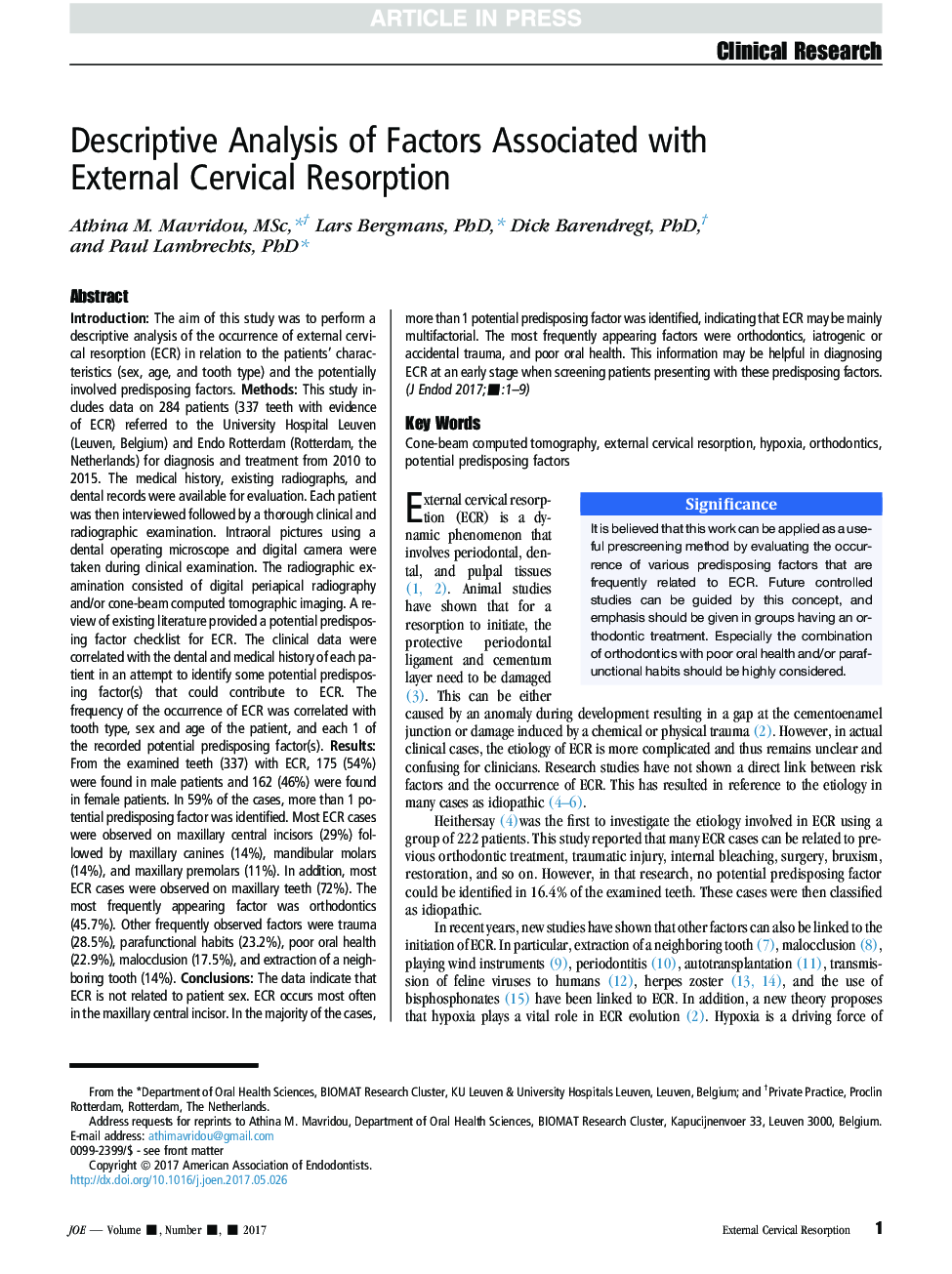 Descriptive Analysis of Factors Associated with External Cervical Resorption