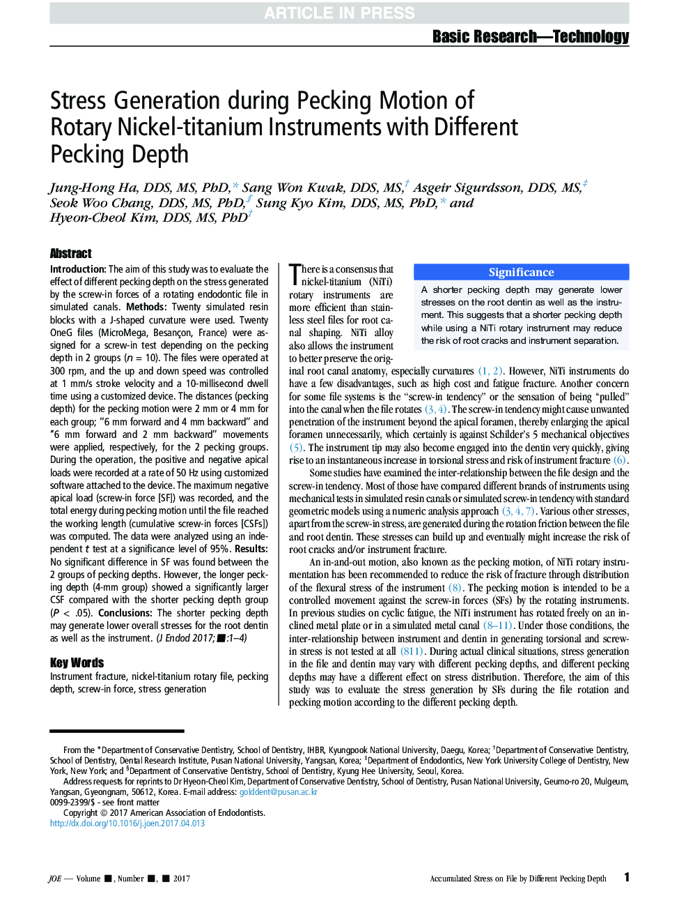Stress Generation during Pecking Motion of Rotary Nickel-titanium Instruments with Different Pecking Depth