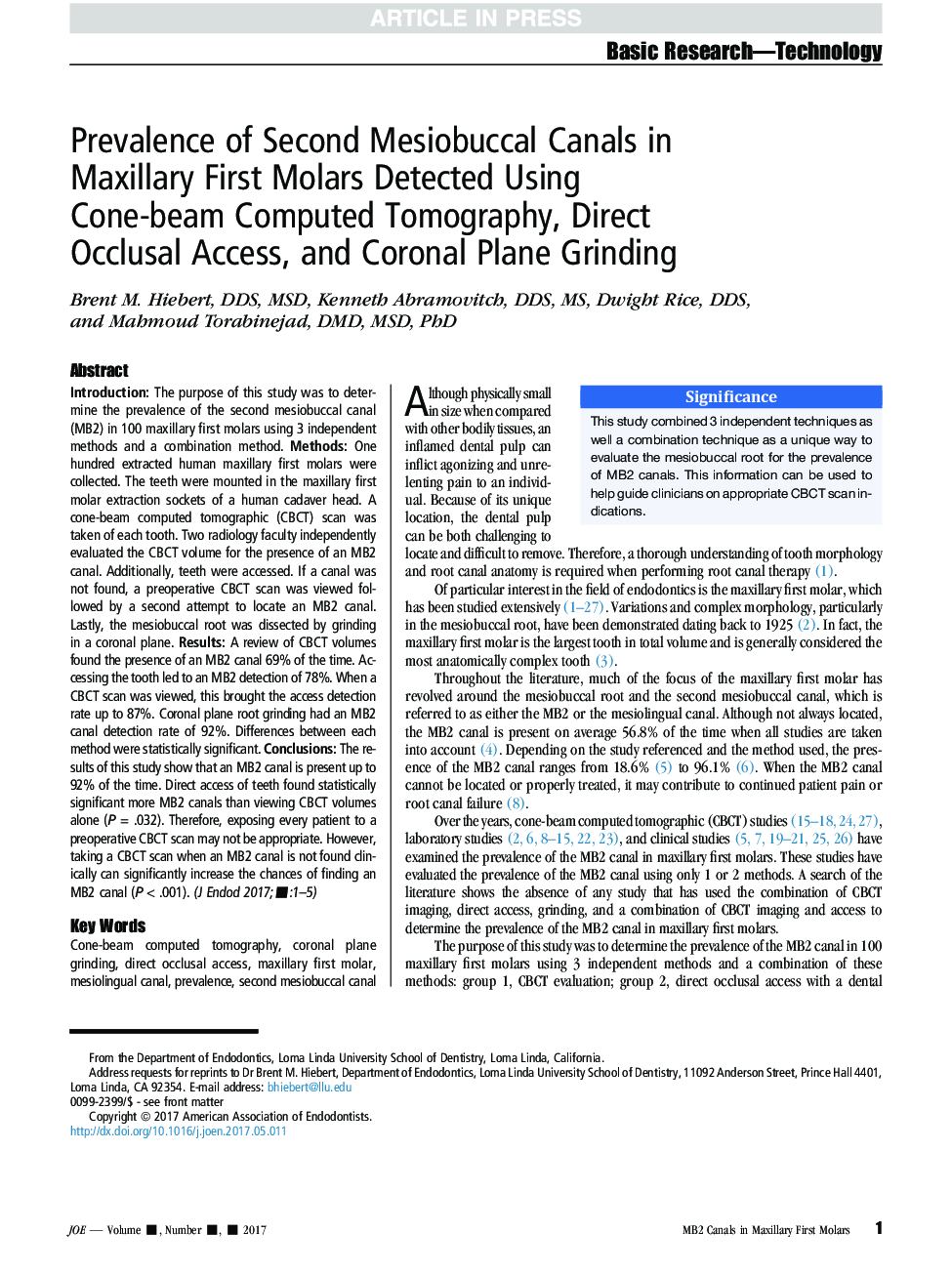 Prevalence of Second Mesiobuccal Canals in Maxillary First Molars Detected Using Cone-beam Computed Tomography, Direct Occlusal Access, and Coronal Plane Grinding
