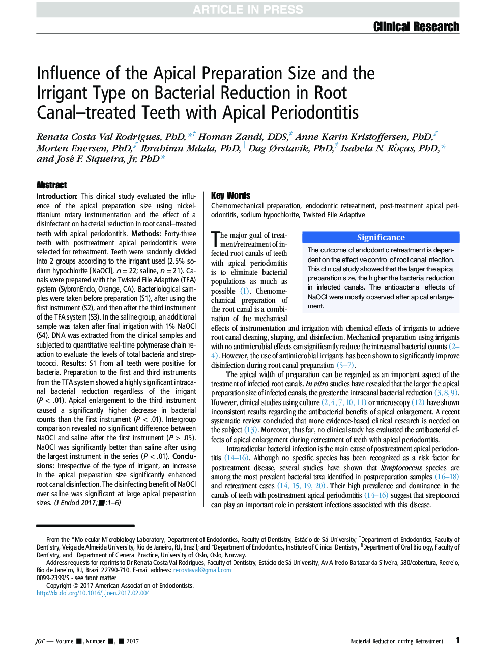 تأثیر اندازه آماده سازی آپیکالی و نوع آبیاری بر کاهش باکتریال در دندانهای تحت درمان کانال ریشه با پریودنتال آپیکال 